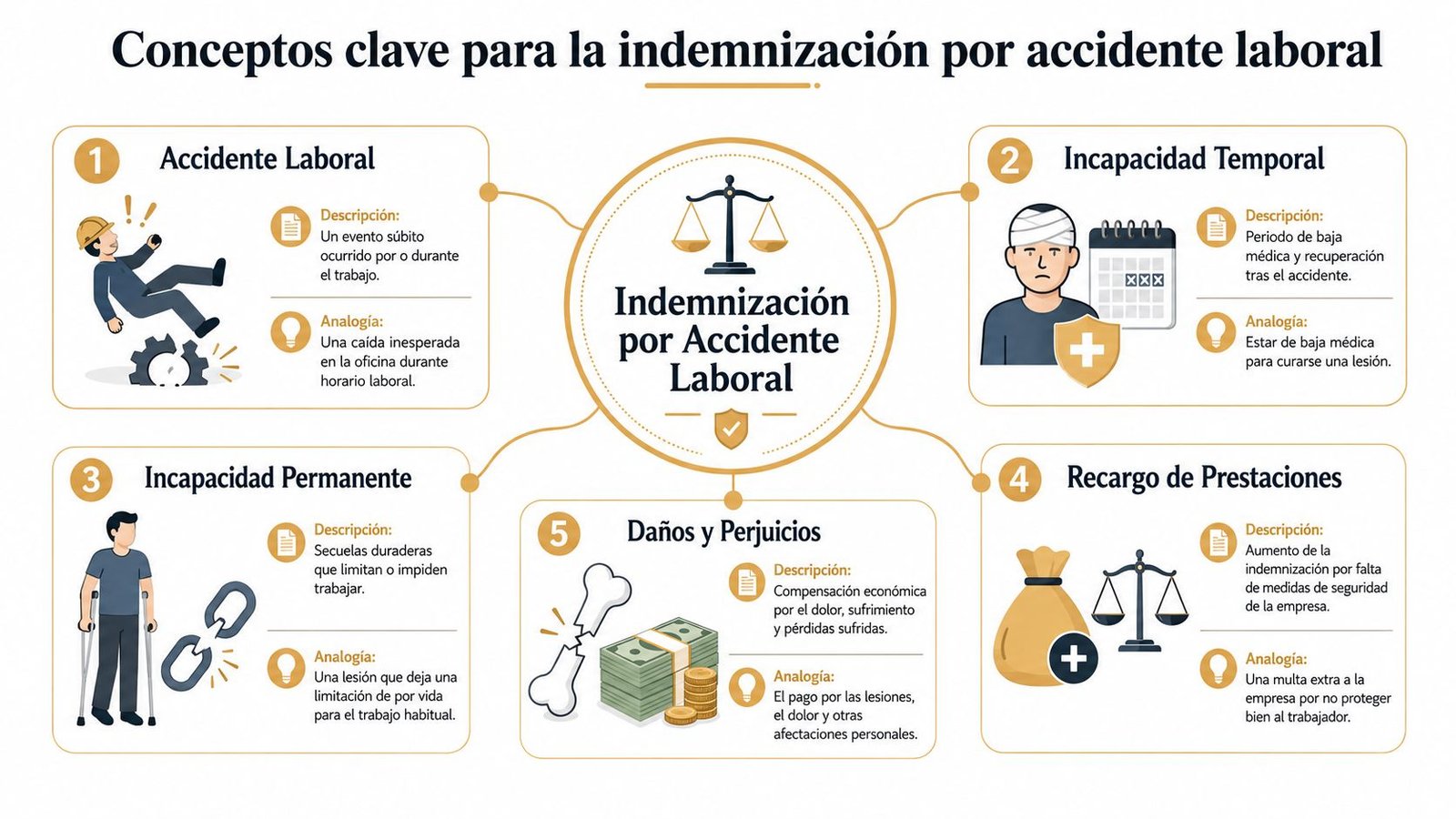 Infografía sobre conceptos clave de indemnización por accidente laboral, incluyendo incapacidad, daños, perjuicios y recargo de prestaciones.