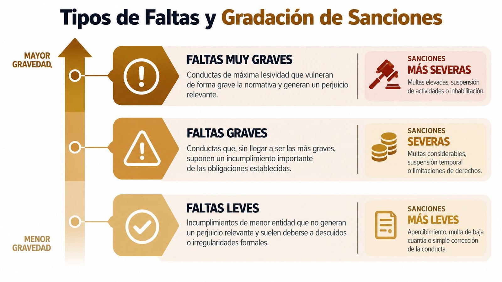 Infografía que muestra la clasificación de faltas disciplinarias y su correspondiente gradación de sanciones de menor a mayor.