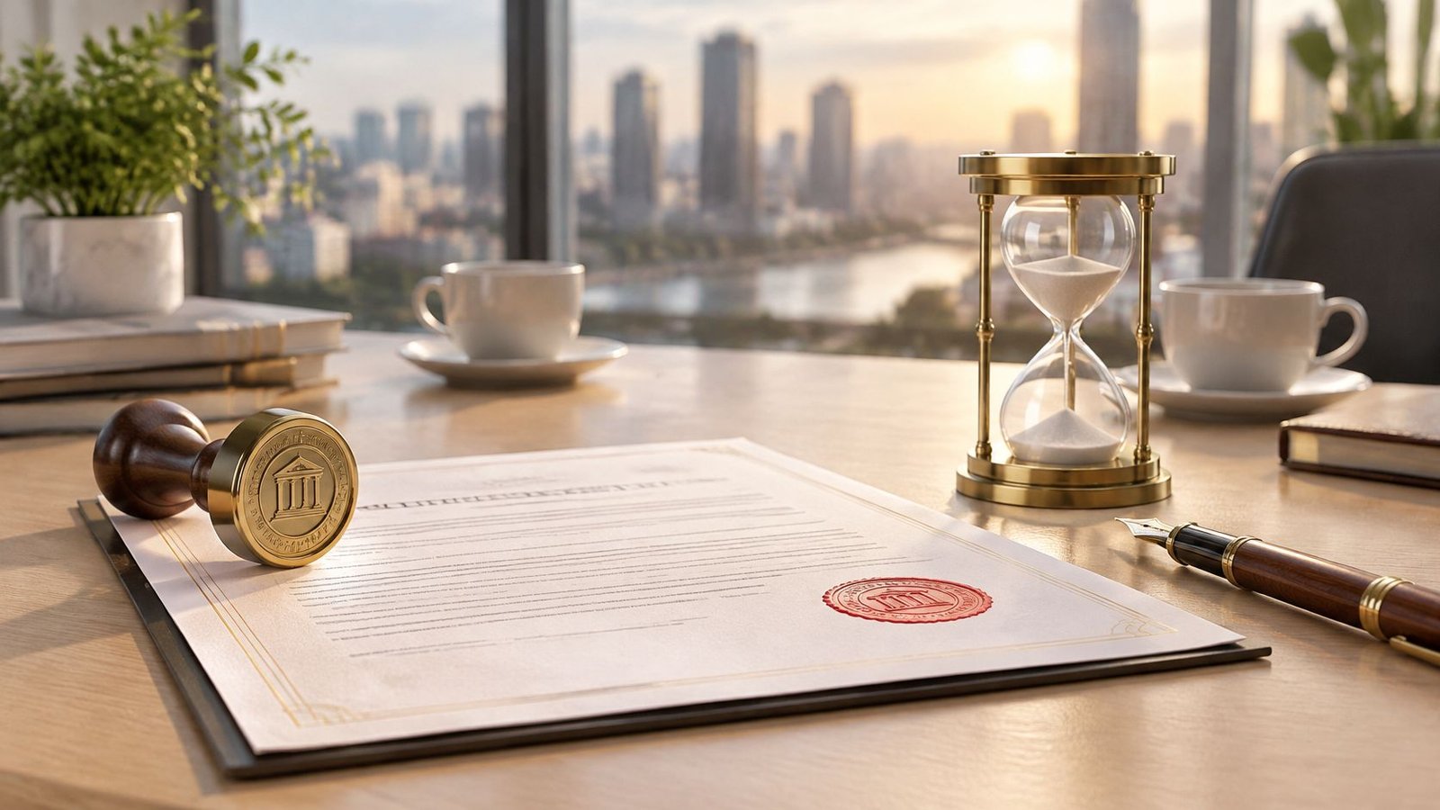 Documento legal con sello oficial, reloj de arena y pluma sobre una mesa de oficina elegante.