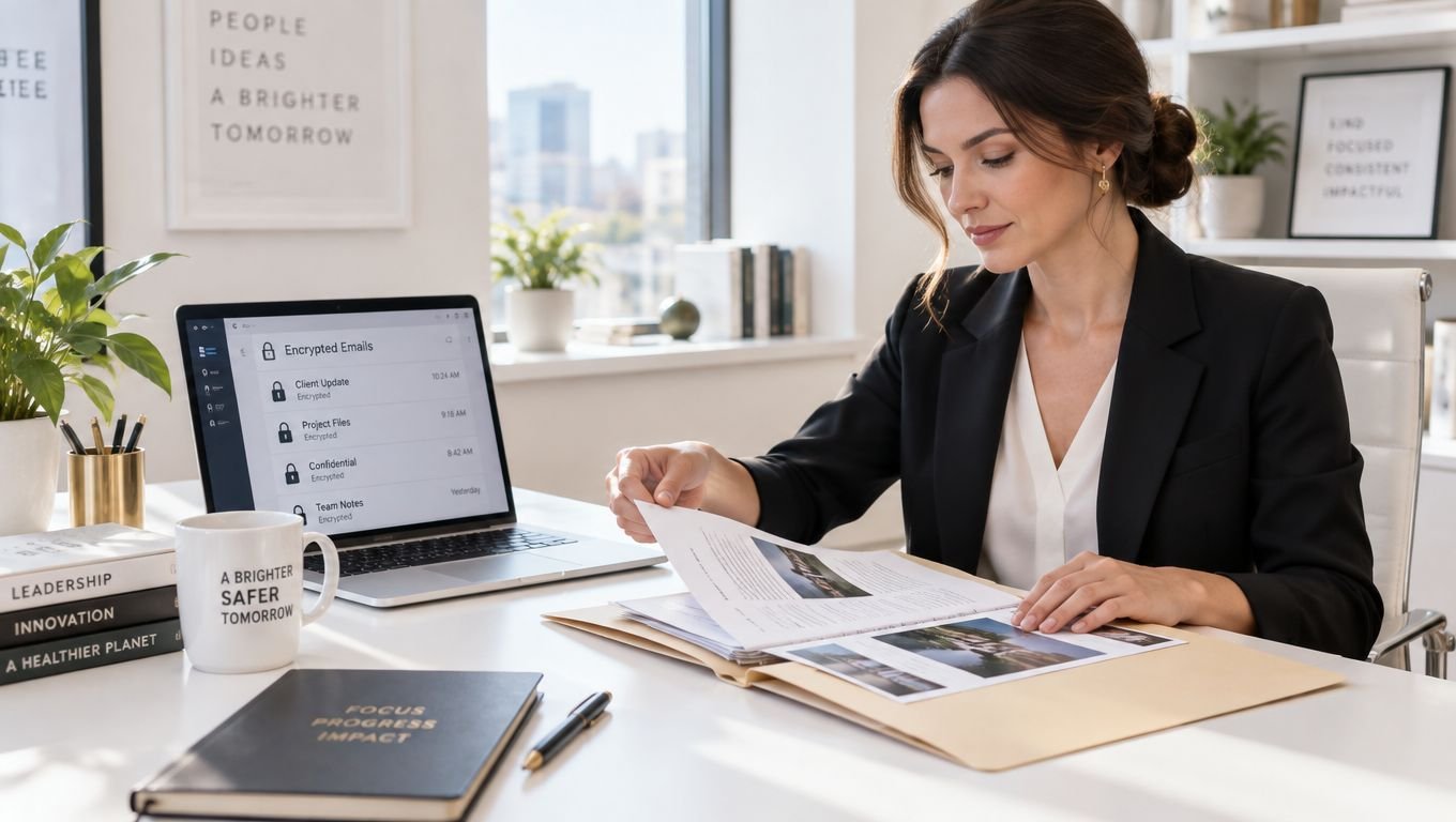 Mujer profesional en su oficina moderna trabajando con documentos y revisando correos electrónicos en su ordenador portátil.