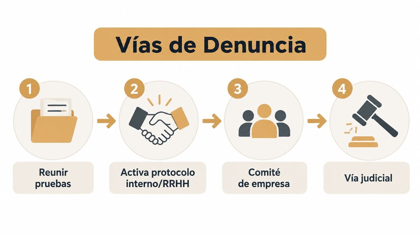 Infografía sobre las vías de denuncia en una empresa, enumerando cuatro pasos clave del proceso.