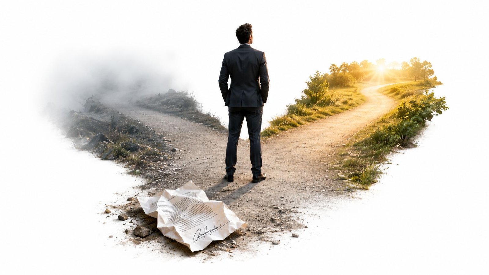 Un hombre de negocios de pie ante un camino dividido entre la niebla y un sendero iluminado.