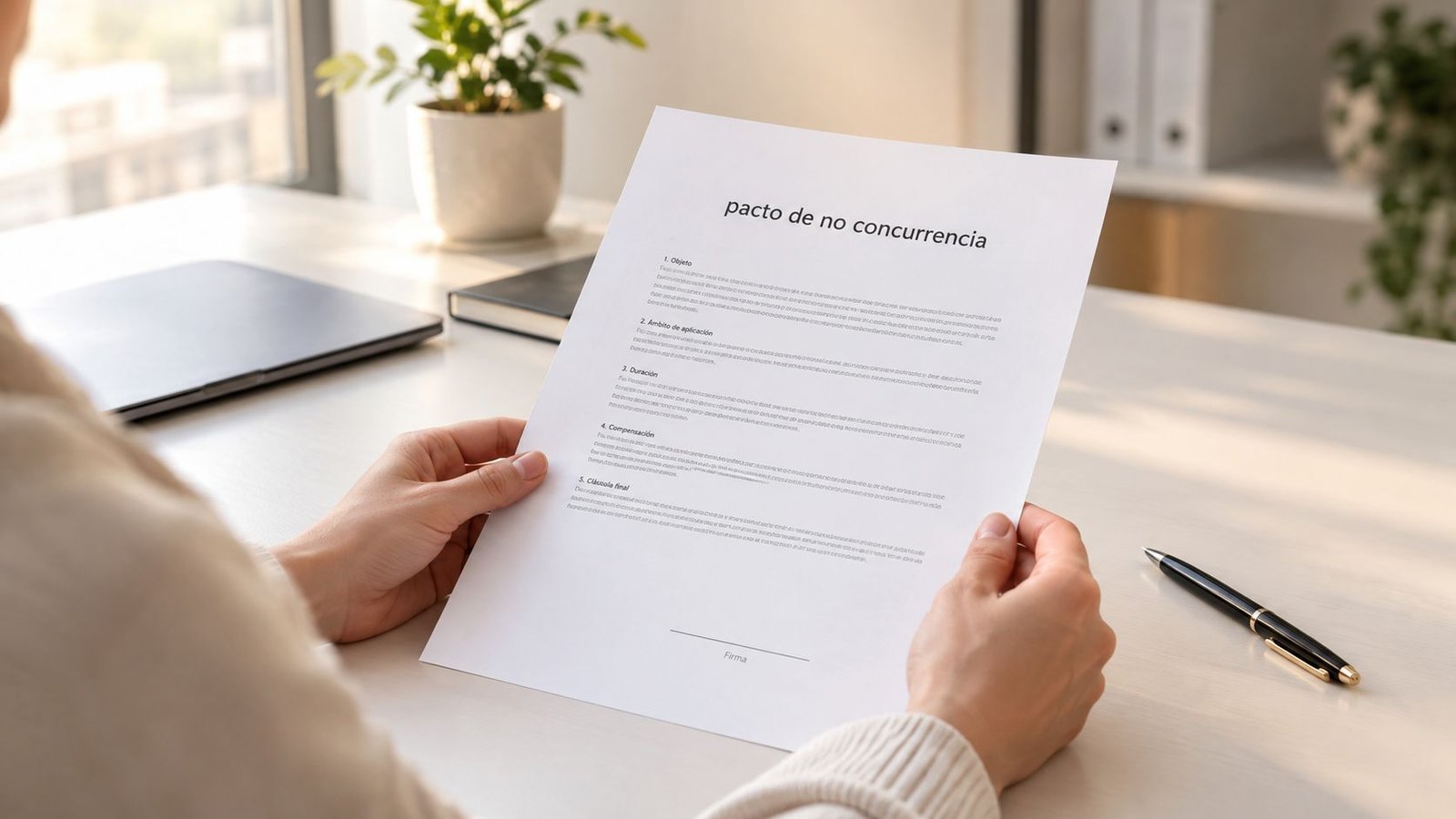 Una persona sosteniendo un documento legal de pacto de no concurrencia en una oficina luminosa.