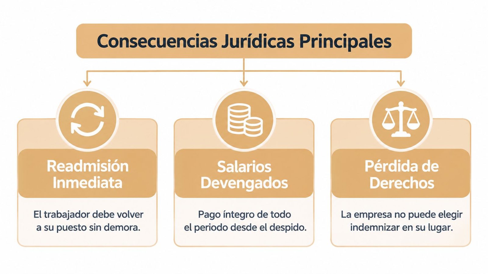 Diagrama de flujo que ilustra las consecuencias jurídicas principales del despido nulo, incluyendo readmisión, salarios y derechos.