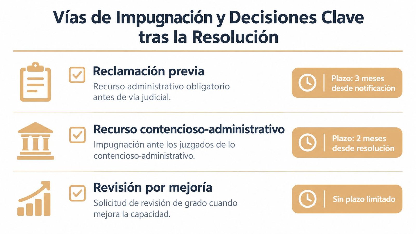 Infografía sobre las vías de impugnación y decisiones clave tras recibir una resolución de incapacidad permanente.