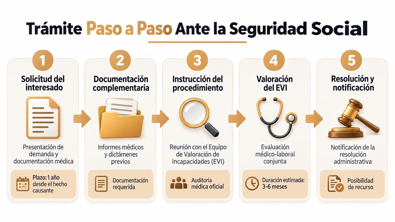 Infografía que explica los cinco pasos del trámite de pensiones por incapacidad permanente ante la Seguridad Social.