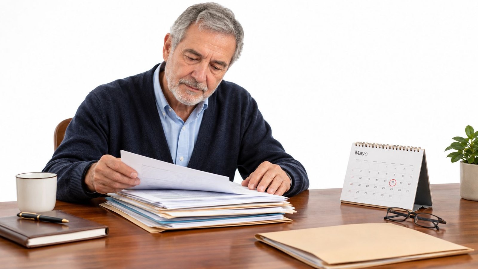 Un hombre de edad madura revisando documentos legales importantes en su escritorio de madera de la oficina.