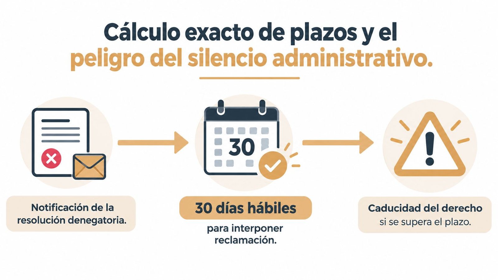 Infografía explicando el proceso, plazo de 30 días hábiles y riesgo de caducidad tras una resolución denegatoria.