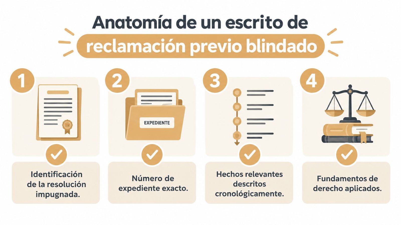 Infografía sobre los cuatro elementos clave para redactar un escrito de reclamación previo efectivo ante las autoridades.