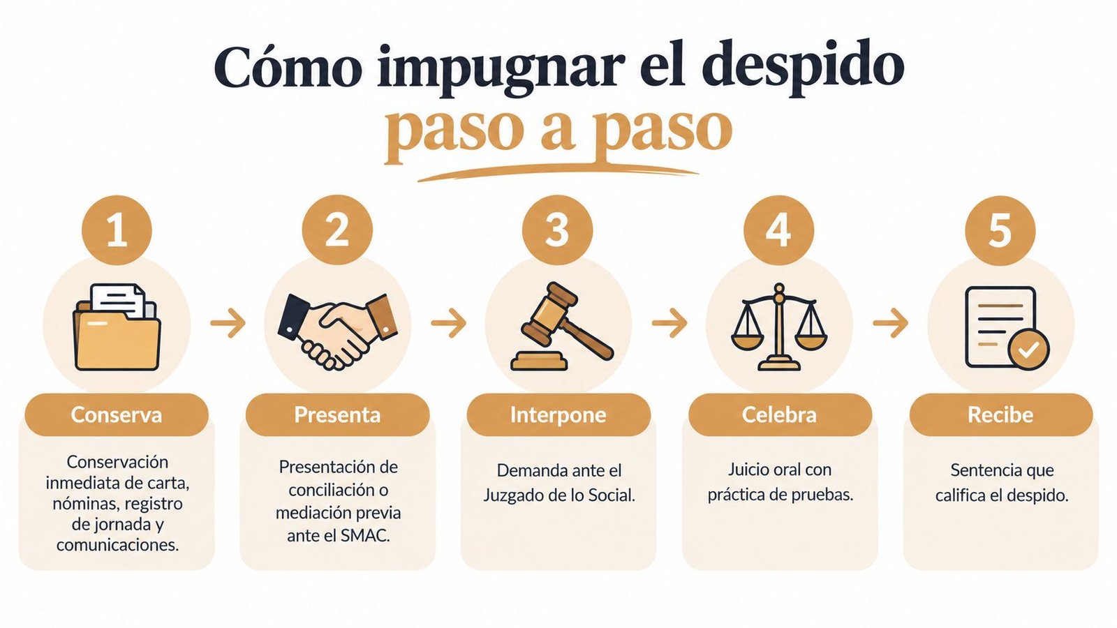 Infografía paso a paso sobre cómo impugnar legalmente un despido laboral ante las autoridades competentes.