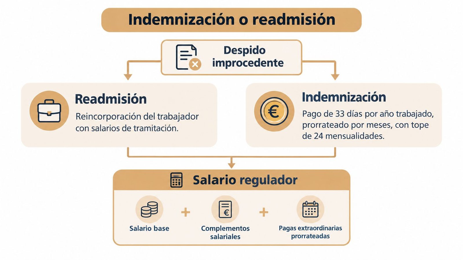 Infografía sobre las opciones de readmisión o indemnización ante un despido improcedente y el cálculo del salario regulador.