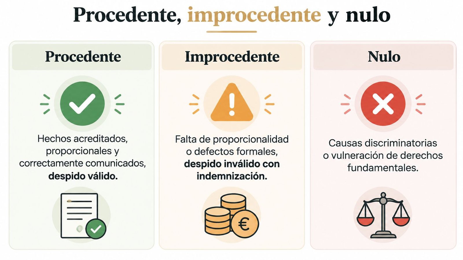 Infografía explicando las diferencias legales entre un despido procedente, improcedente y nulo en el ámbito laboral.