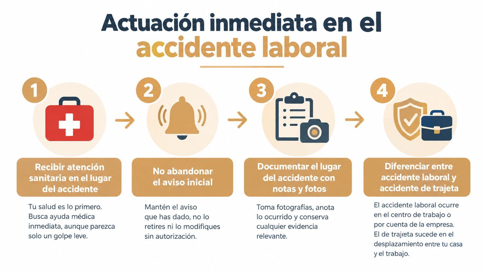Infografía sobre los pasos a seguir inmediatamente tras sufrir un accidente laboral para garantizar la seguridad médica.