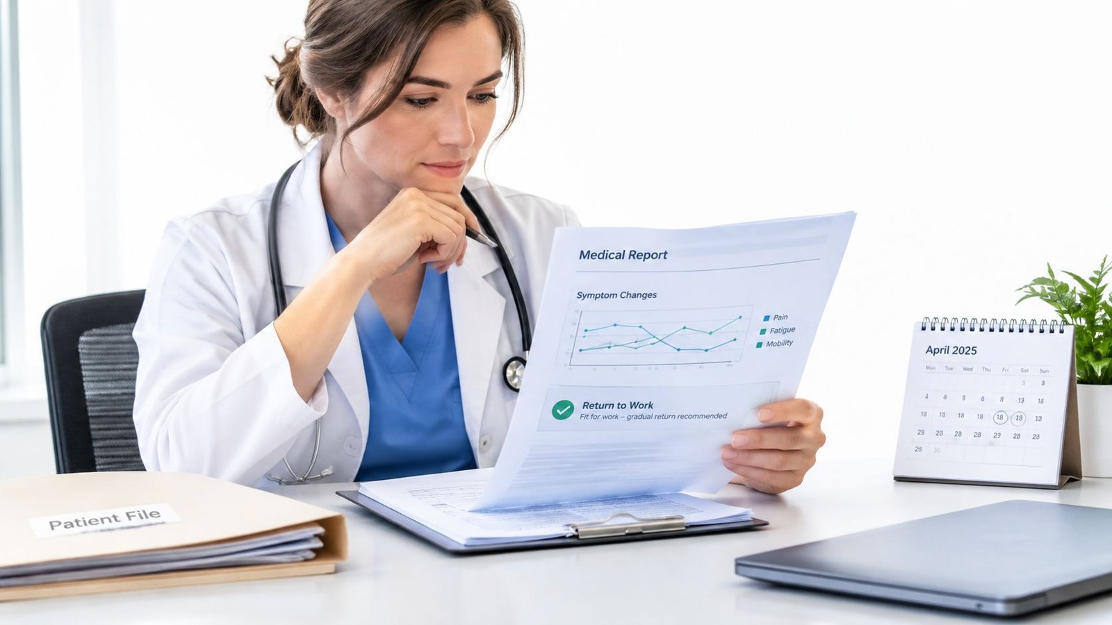 Una doctora analiza un informe médico de un paciente sobre su capacidad para regresar al trabajo.