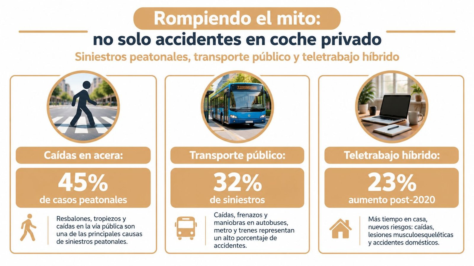 Infografía sobre diversos tipos de accidentes, incluyendo caídas peatonales, incidentes en transporte público y riesgos en teletrabajo.