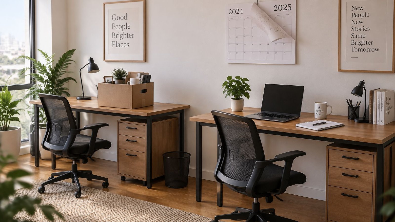 Oficina en casa con dos escritorios de madera, sillas ergonómicas y computadoras portátiles en un ambiente moderno.