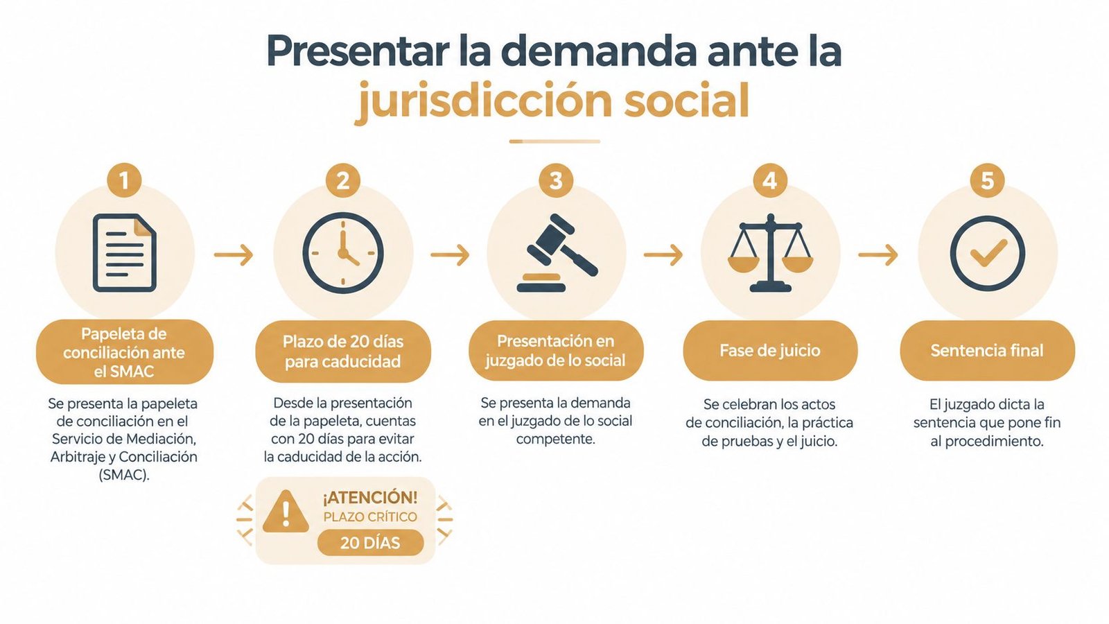 Infografía que explica los cinco pasos del proceso de presentar una demanda ante la jurisdicción social española.