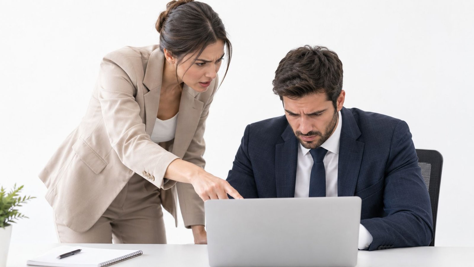 Una mujer de negocios expresa su frustración mientras señala la pantalla de la computadora de su colega.